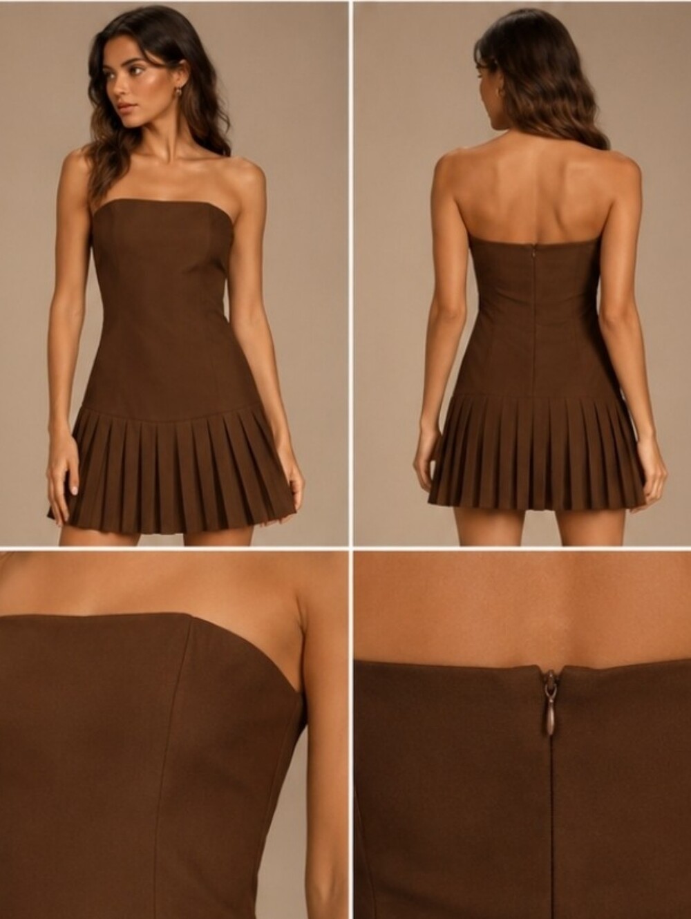 PrettyLittleThing Strapless Brown Pleated Dress Size 4 - Picture 2 of 7